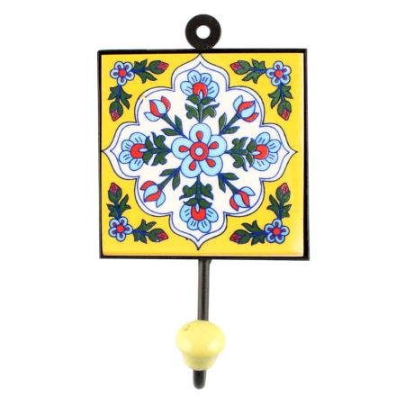 White Base Turquoise Ceramic Floral Tiles Hook 